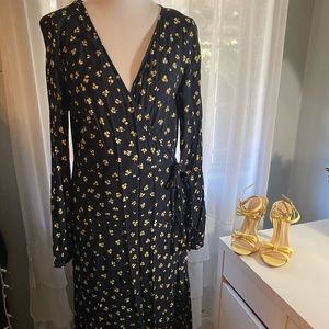 Floral long sleeve midi wrap dress